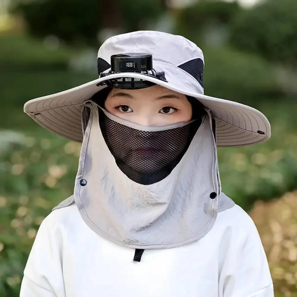 New Solar Fan Hat with Face Guard Neck Flap UV Protection Hat USB Rechargeable Men Summer Outdoor Fishing Wide Brim Bucket Cap