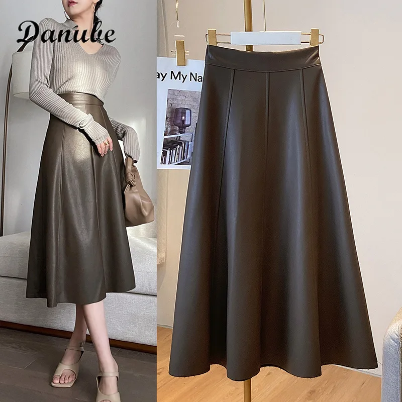 

Vintage Faux PU Leather Pleated Long Skirt Women Elegant Design High Waist Bodycon A-Line Skirt Office Lady Party Umbrella Skirt