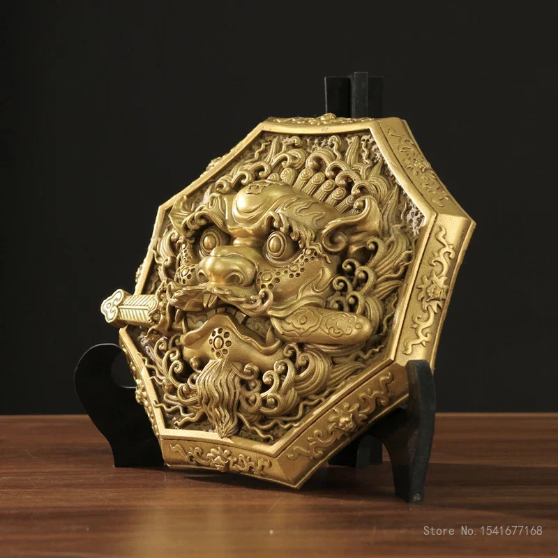 Creative Pure Bronze Bagua Lucky Swallowing Beast, Door Window Feng Shui, Home Decoration Lion Biting Sword Sculpture Shape, 1Pc
