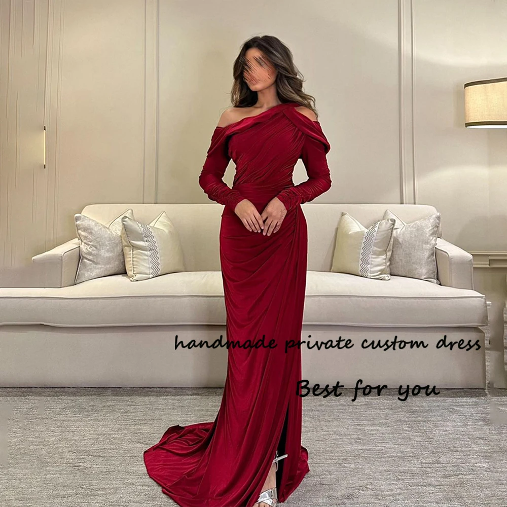 

Burgundy Mermaid Evening Dresses Long Sleeve Arabian Dubai Formal Prom Dress with Train Elegant Wedding Guest Gowns for Women