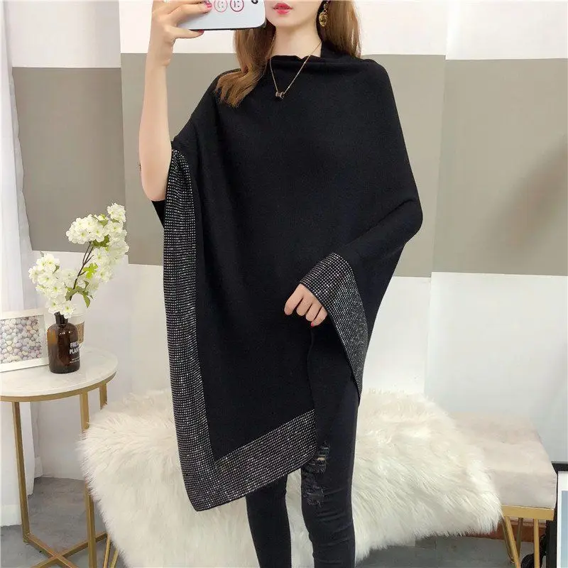 

Women Autumn Sweaters Loose Casual Irregular Oversized Sweater Elegant Batwing Sleeve Diamonds Shawl Knitwear Fashion Streetwear