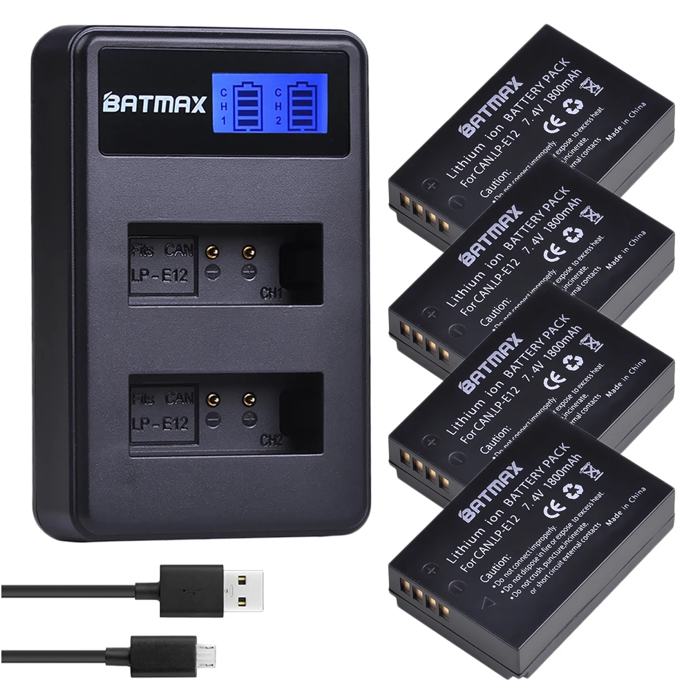 BATMAX 4x1800mAh LP-E12 Battery+LCD USB Dual Charger Canon M50 M100
