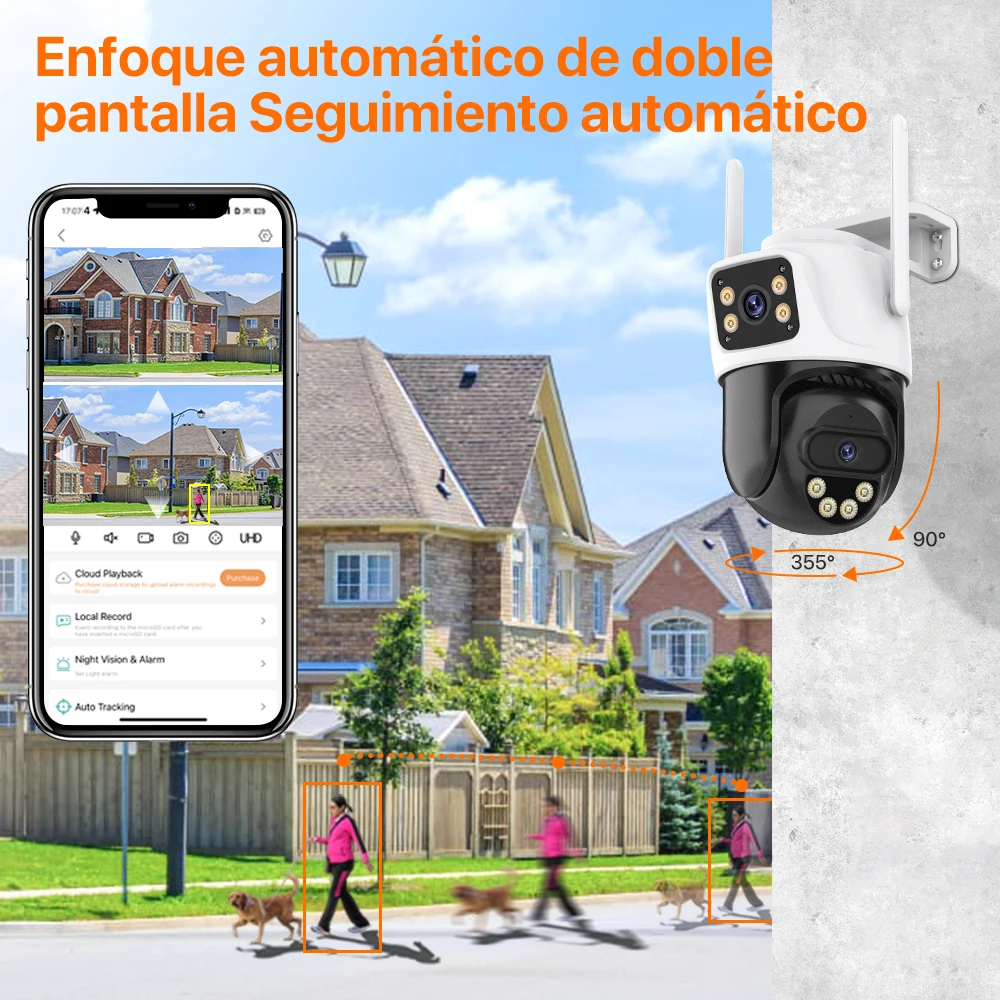  Cámara de seguridad PTZ WiFi para exteriores, cámara de  vigilancia inalámbrica con zoom de inclinación panorámica 1080P con lente  dual, cámara IP impermeable con audio bidireccional 164.0 ft detección de  movimiento