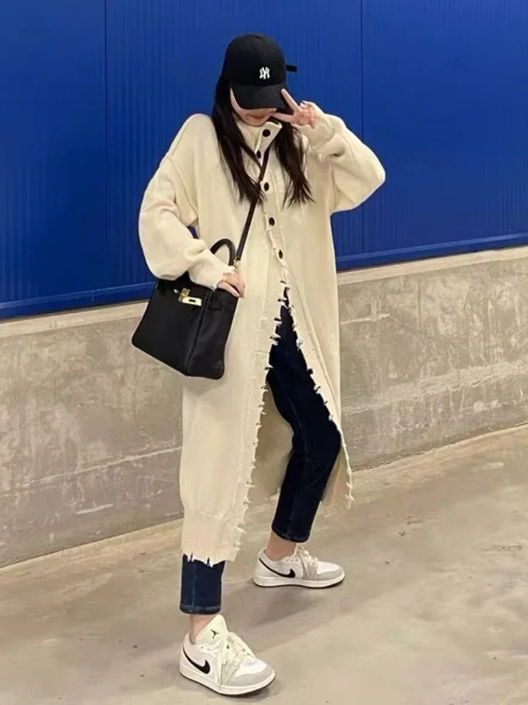 

Женский трикотажный кардиган с бахромой, однотонный однобортный длинный кардиган с высоким воротником, корейский стиль, одежда для осени и зимы