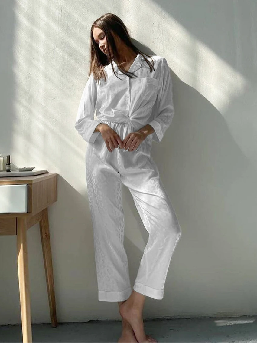 Marthaqiqi Casual Female Sleepwear Suit Long Sleeve Pajama Turn-Down Collar Nightgowns Pants Loose Spring Home Clothes For Women