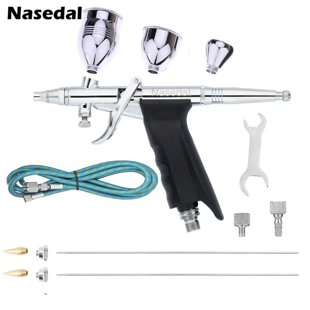 Nasedal 더블 액션 에어 브러시, 중력 피드 스프레이 건, 에어 브러시 키트, 자동차 페인트 모델 분무기, 0.3mm, 0.5mm, 0.8mm, 2cc, 5cc, 13cc
