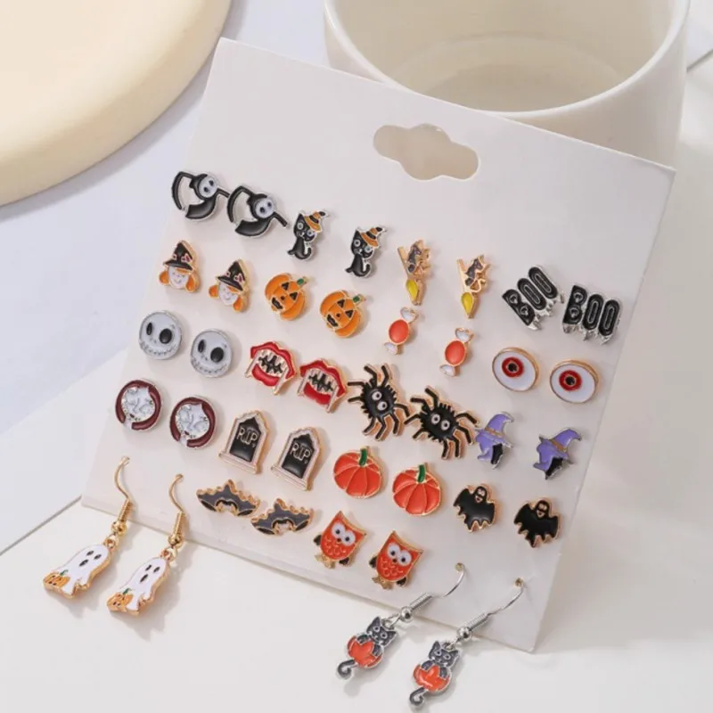 20 Pairs Halloween Cartoon Stud Earrings for Women 2024 New Fashion Spider Pumpkin Ghost festive Earrings Fashion Party Jewelry
