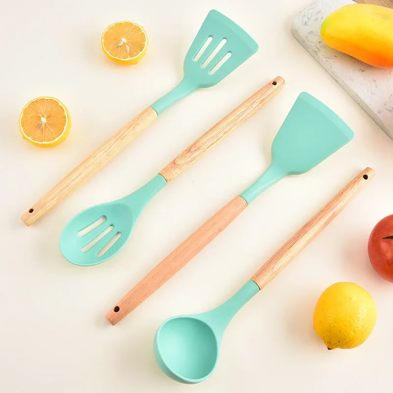 12-Piece Silicone Kitchen Utensil Set Wood Handle Non-Stick Cookware Storage Tube Home Cooking Tools Set