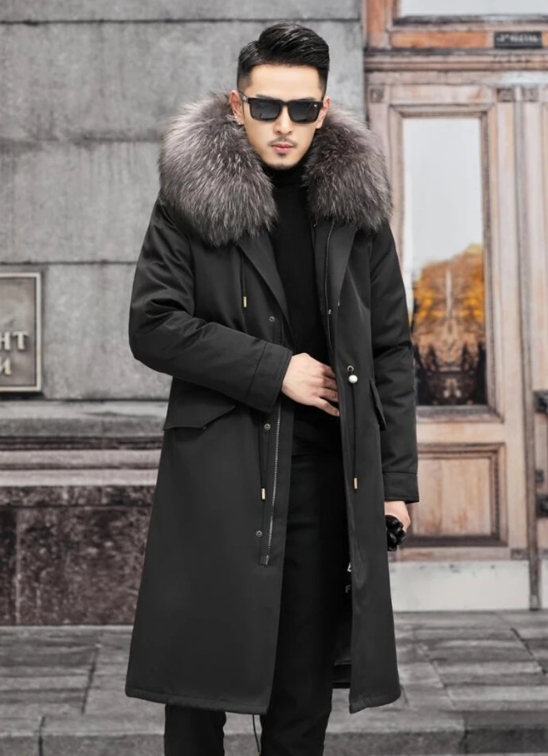 

Thick Warm Coat Men Winter Parker Coat Medium and Long With Fox Fur Collar Rex Rabbit Fur Liner Jacket Men's Detachable Liner