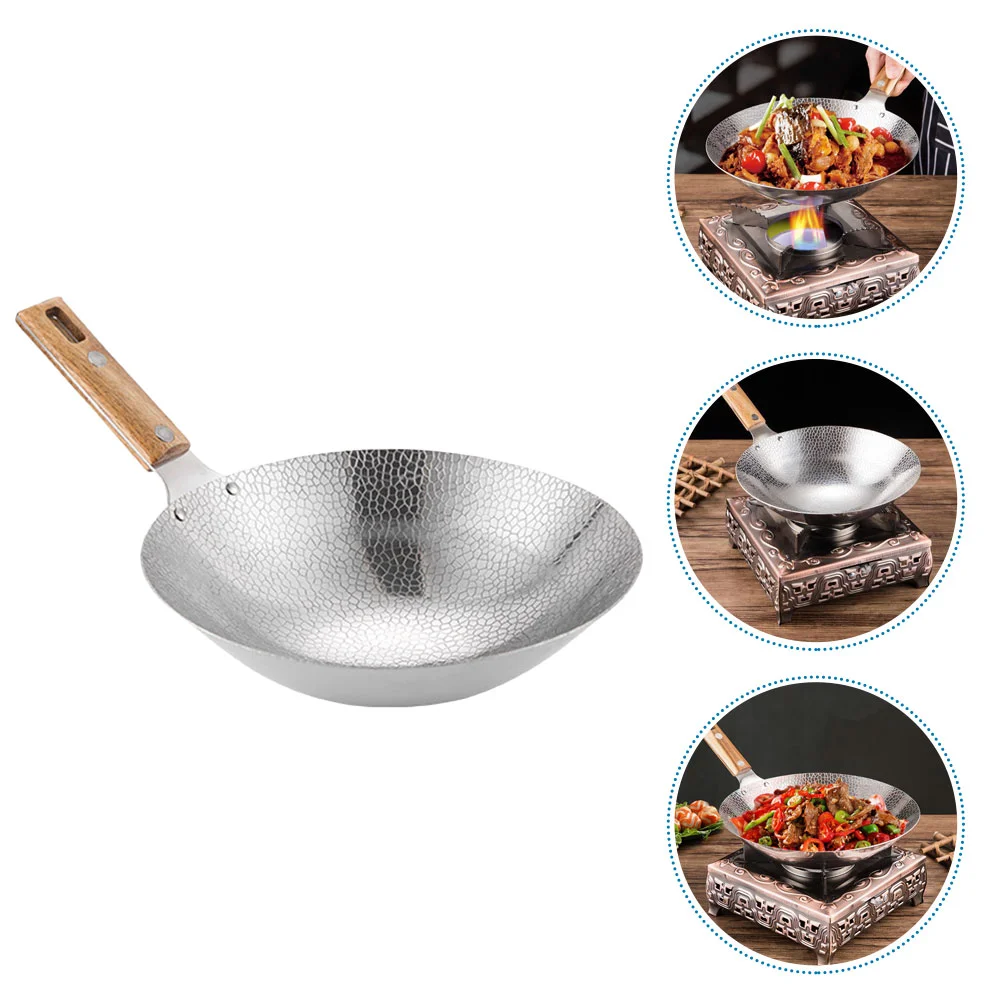 

22CM Cooking Wok Frying Pan Stainless Steel Wok Traditional Wok with Wooden Handle Gas Stove Cooking Wok Kitchen Cooking Pot