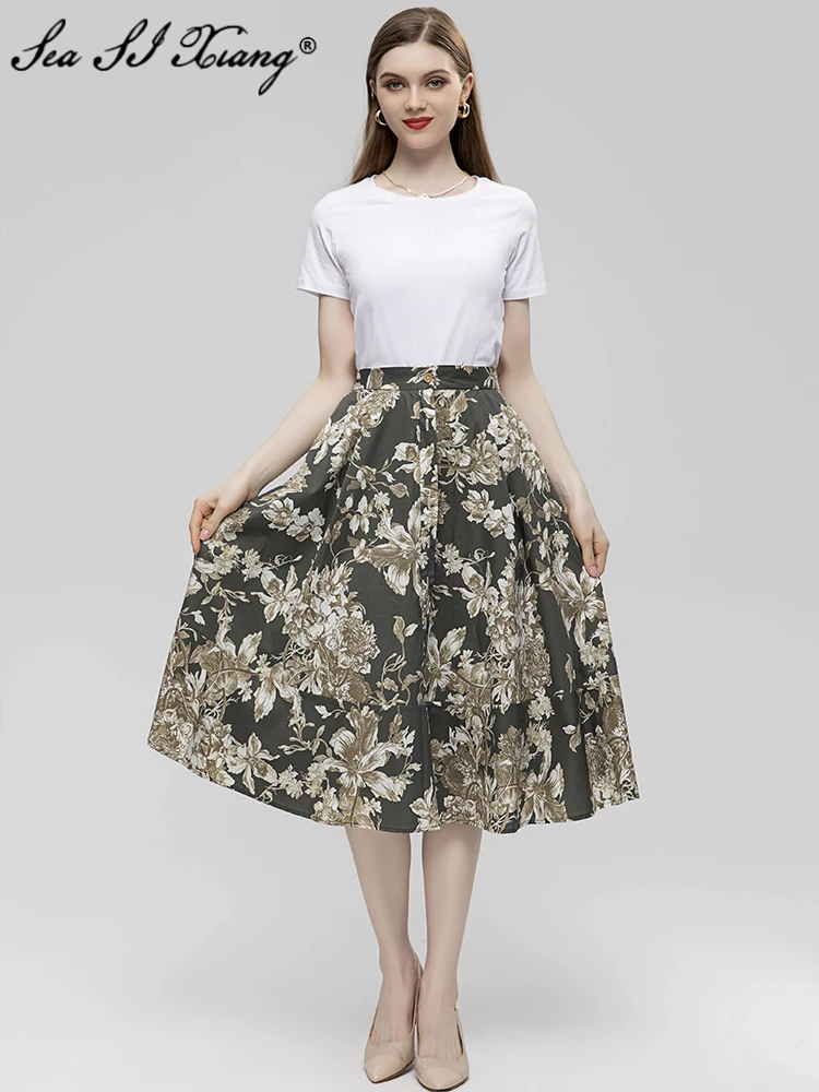 

Seasixiang Fashion Designer Summer Skirt Women High Waisted Flowers Print Office Lady Midi Skirt