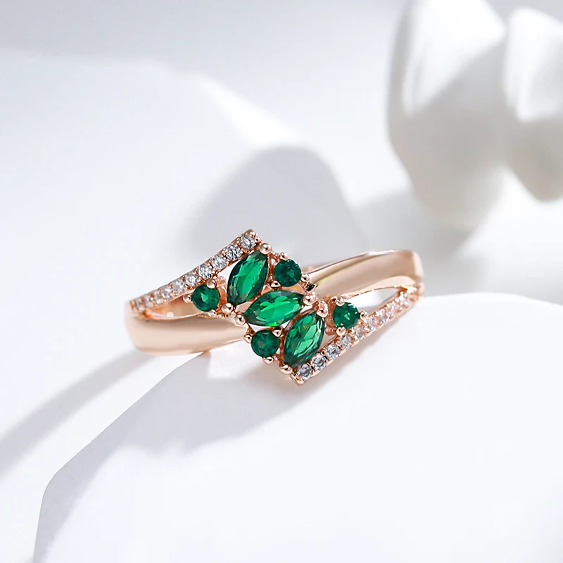 Kinel Luxury Green Natural Zircon Ring For Women 585 Rose Gold Color White Stone Daily Easy Matching Fine Jewelry Gift