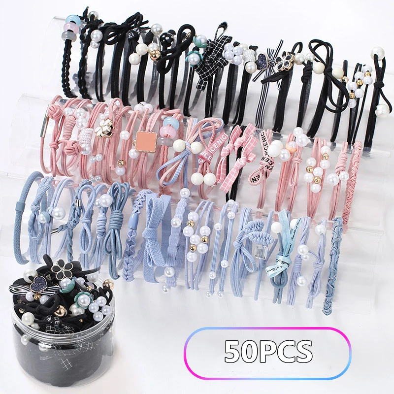 50/12PCS  Women Elastic Hair Ties Pearls Fashion Girls Scrunchies Ponytail Holder Rubber band Hair Rope Hair Accessories 2