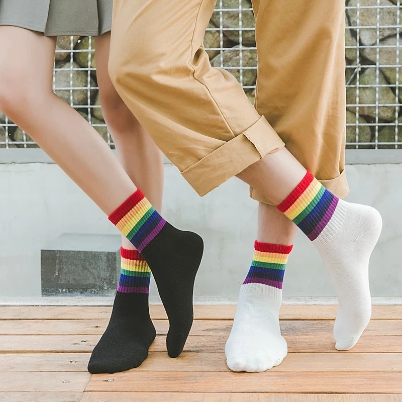 Rainbow Thin Stripe Combed Cotton Non-Slipping Knee High Socks