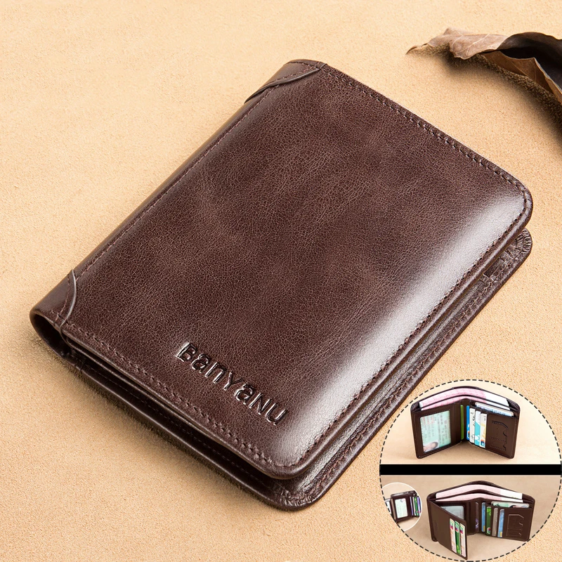 

Мужской бумажник из натуральной кожи, двойной складной кошелек двойного сложения с защитой от Rfid, винтажный держатель для кредитных карт, короткий кошелек