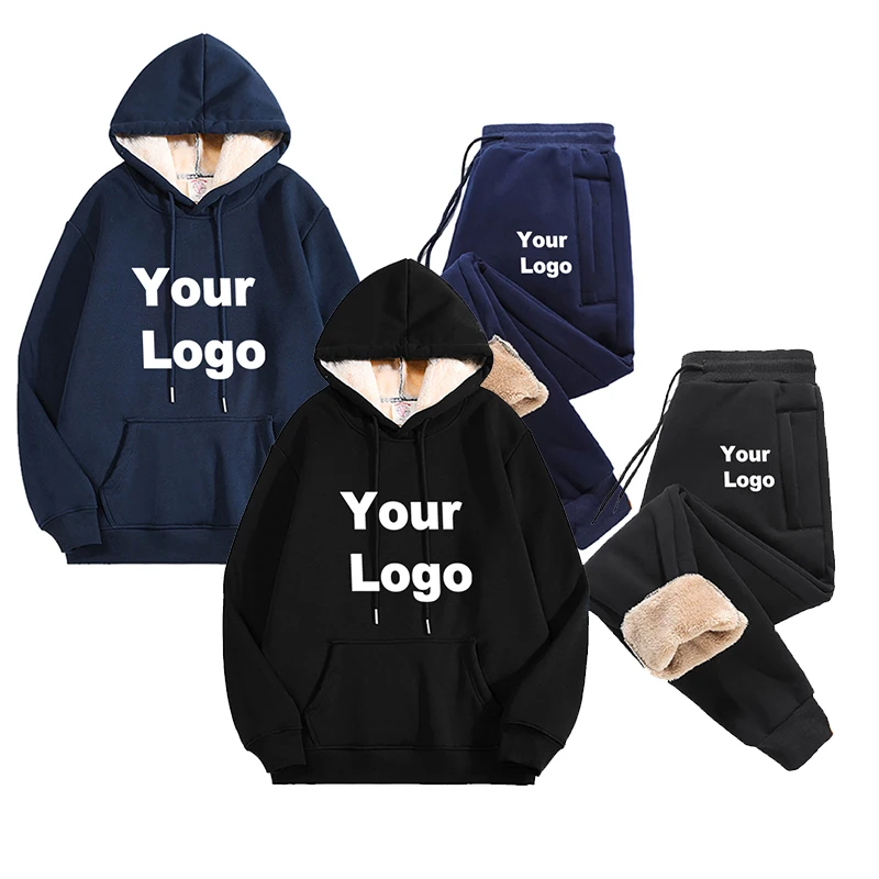 

Winter Warm Thicken Hoodies Custom Logo Men Sweatshirt Casual Sports Coat Hooded Black Navy Blue Warm Suit Streetwear