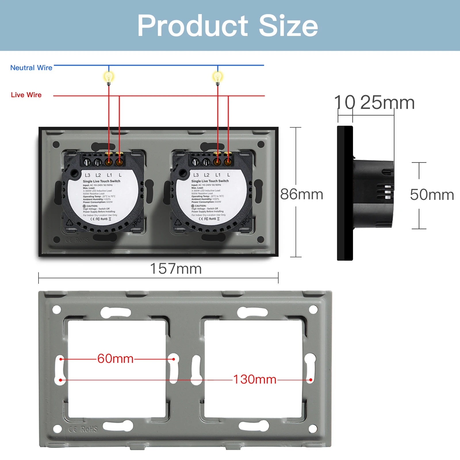BSEED EU 이중 벽 조명 스위치 터치 스위치 벽 소켓 USB Type-C 충전 포트 크리스탈 유리 패널 스위치 블루 블랙 라이트