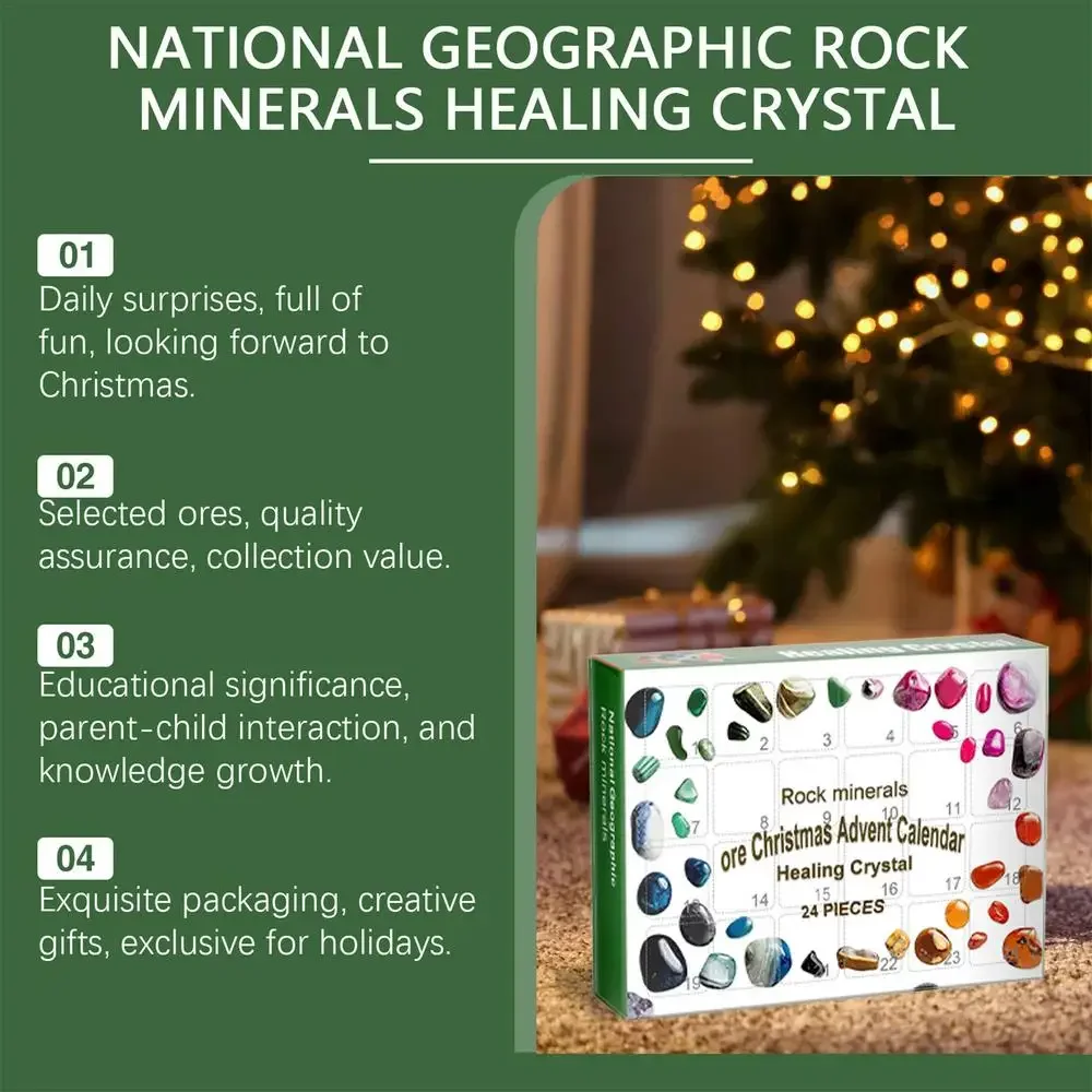 Stone Advent Calendar 24-Grid Natural Rock Mineral Crystal Collection 24 Day Christmas Countdown Calendars For Kid