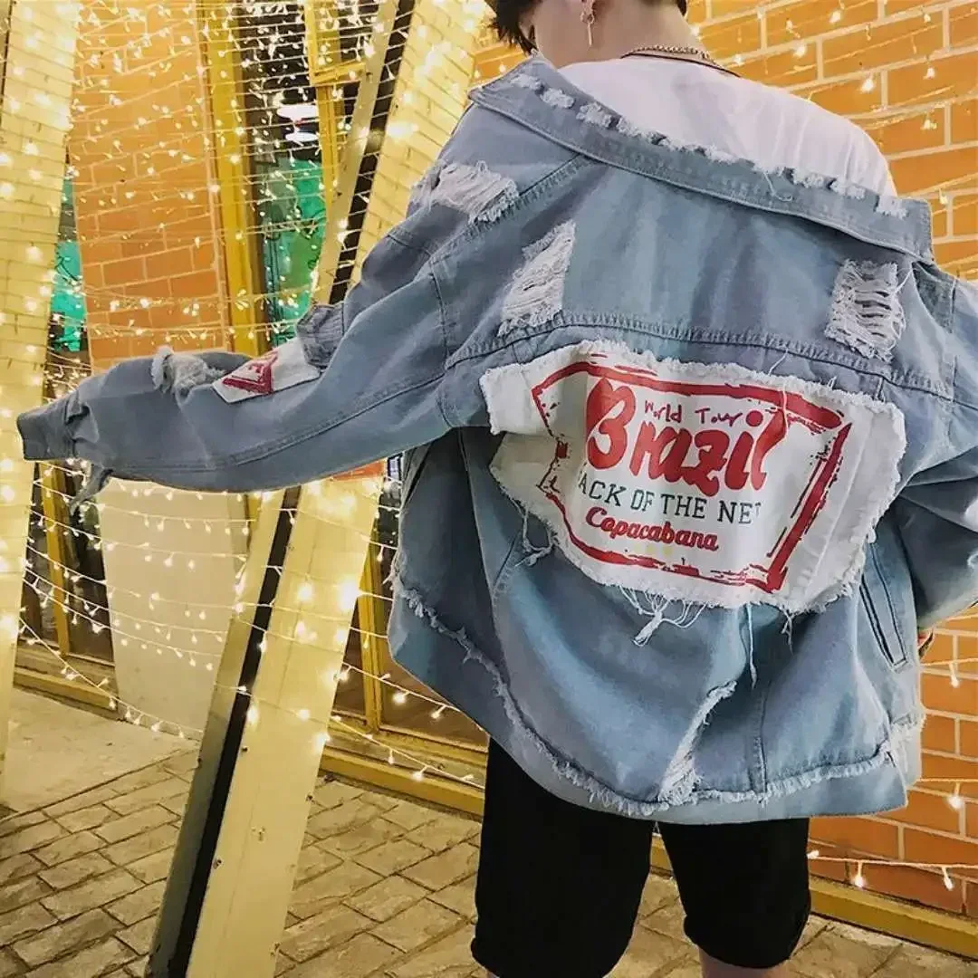 Chaquetas de mezclilla para hombre, abrigo de jeans rotos para hombre, empalmado, ligero, con agujero, sombrero con capucha, ropa de abrigo informal estética, ropa de hombre de talla grande holgada