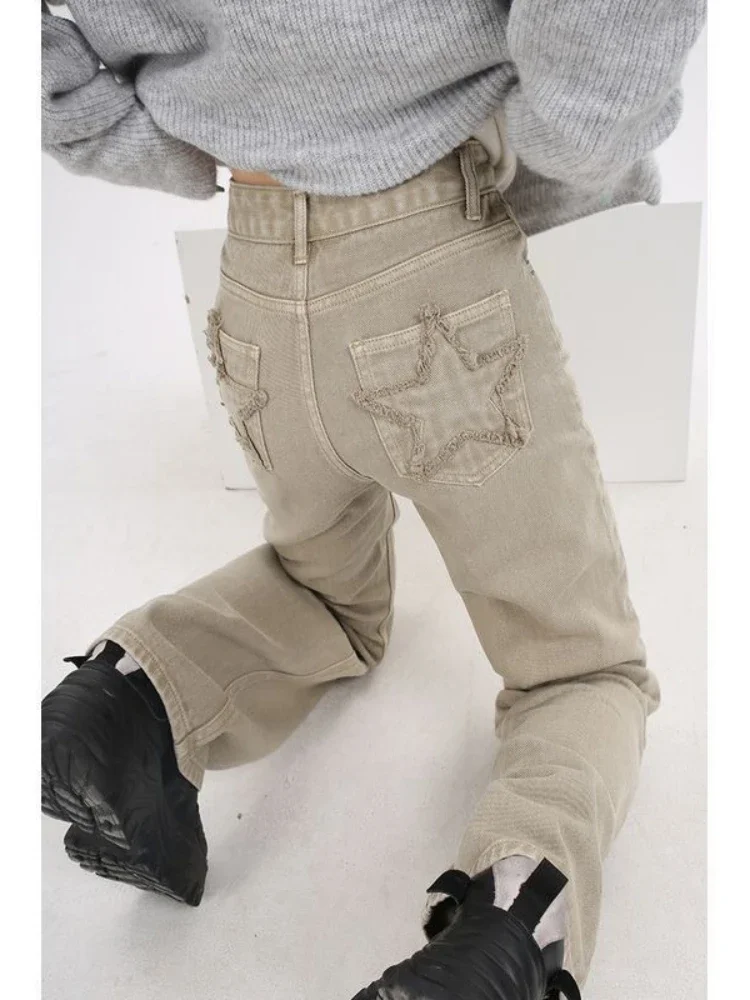 

MOJY Vintage Khaki Star Jeans Women Korean Style 90s Streetwear Brown Denim Pants Harajuku Hippie Oversize Loose Trousers