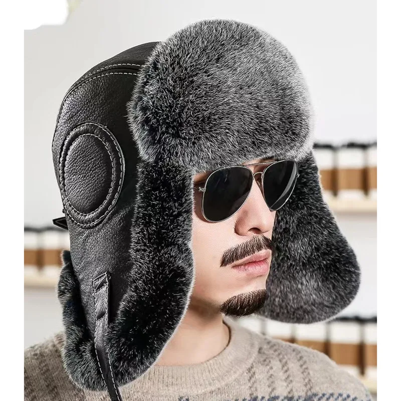 

Lei Feng Hat For Men Winter Real Rex Rabbit Fur Flying Hat Outdoor Riding Cap With Ear Protection Real Fur Hat Sheepskin Top