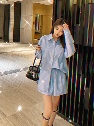 패션 디자인 핫 드릴링 스트라이프 정장, 2023 봄 가을 신상 캐주얼 루즈 긴팔 셔츠, 와이드 레그 반바지, 기질 2 개 4