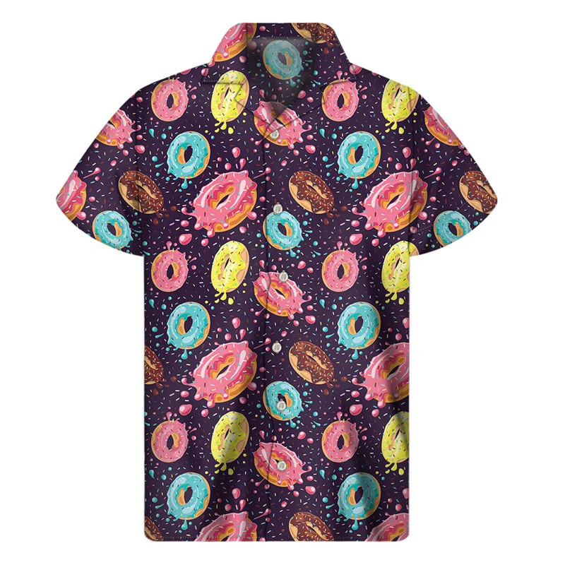 thumbnail image 1 of Camisa con estampado 3D de galletas y donas de chocolate para hombre, camisas hawaianas de verano, blusa hawaiana con solapa de calle, botones, mangas cortas, 1 of 5