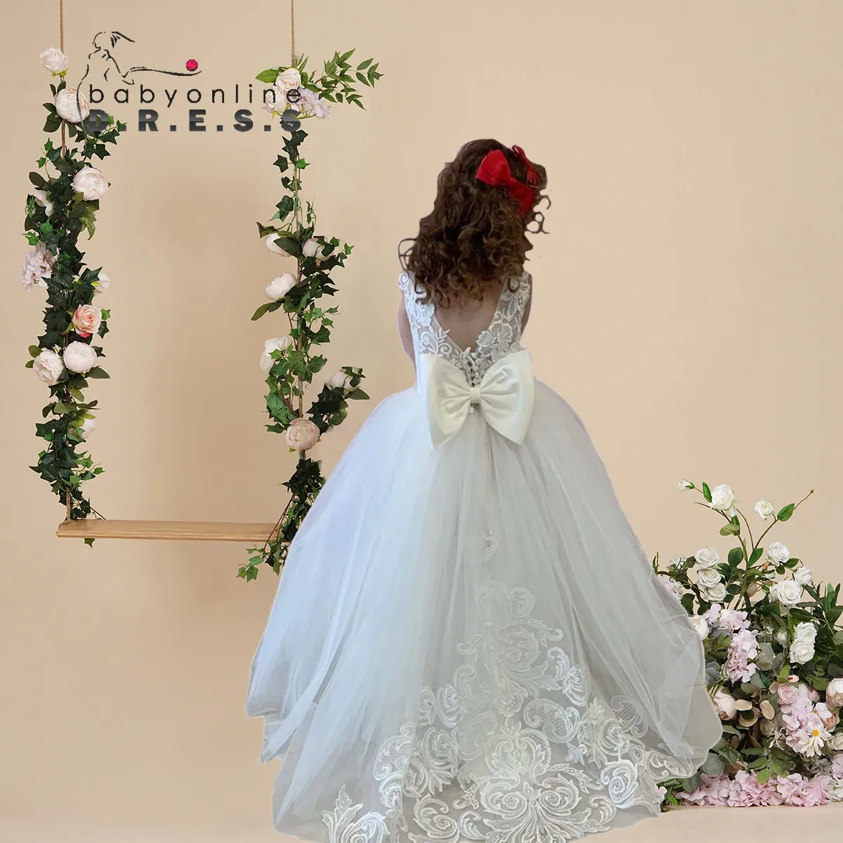 BABYONLINE Communion Girl Dress Lace Floral Bodice V-Back