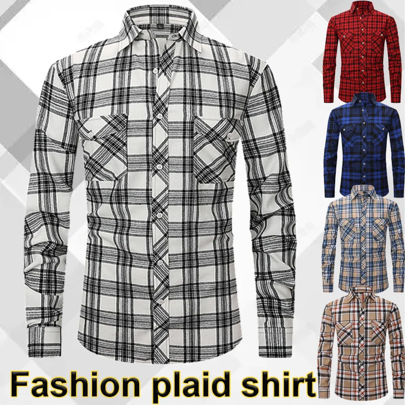 New Fashion Men's Shirt Plaid Shirt Casual Button Shirt Men's Social Dress Business Top