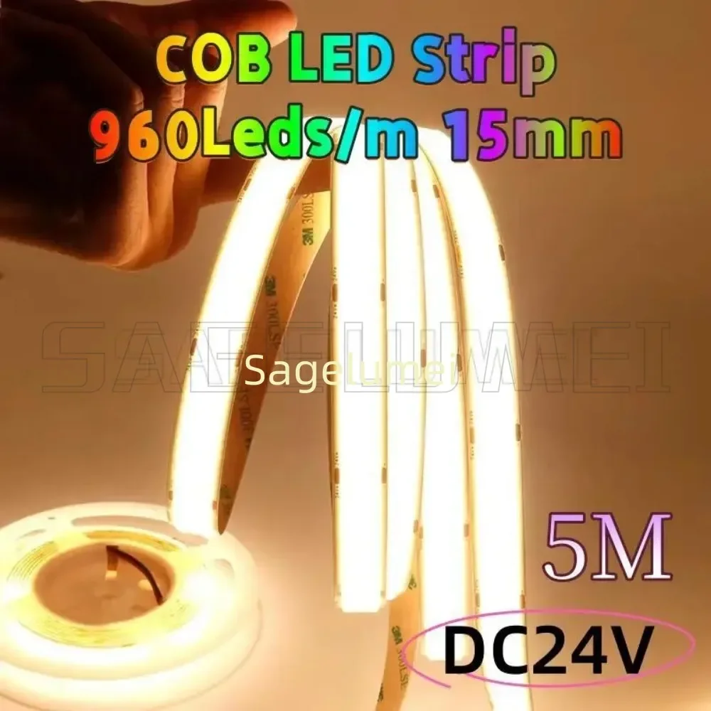 슈퍼 브라이트 DC24V 5M 960LEDs/m COB LED 스트립 라이트 슈퍼 브라이트 3000/4000/6000K 고밀도 유연한 RA90 LED 조명 테이프