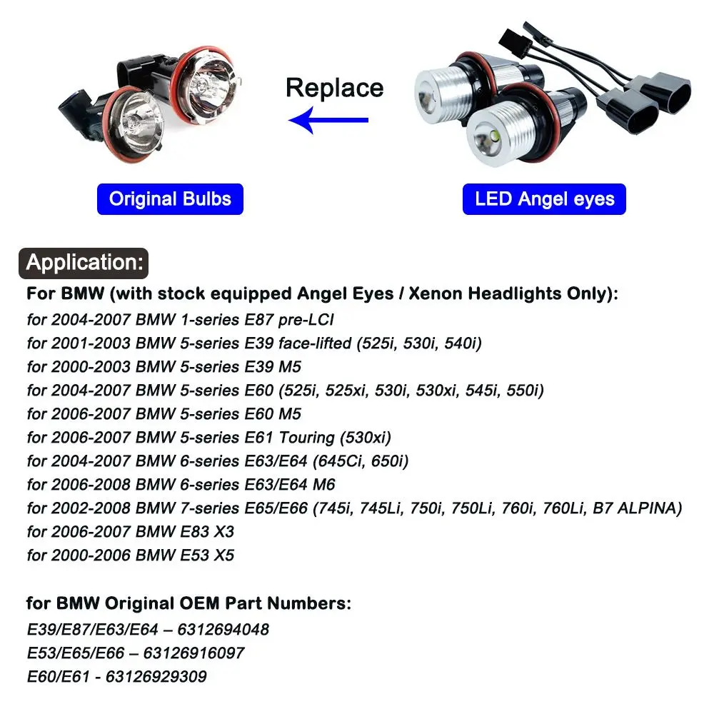 Led car lights led lights led bulbs 2Pcs error free angel eye halo ring marker side light LED bulb 5W car side light error free for BMW E39 5W E53 E60 E61 E63 X5