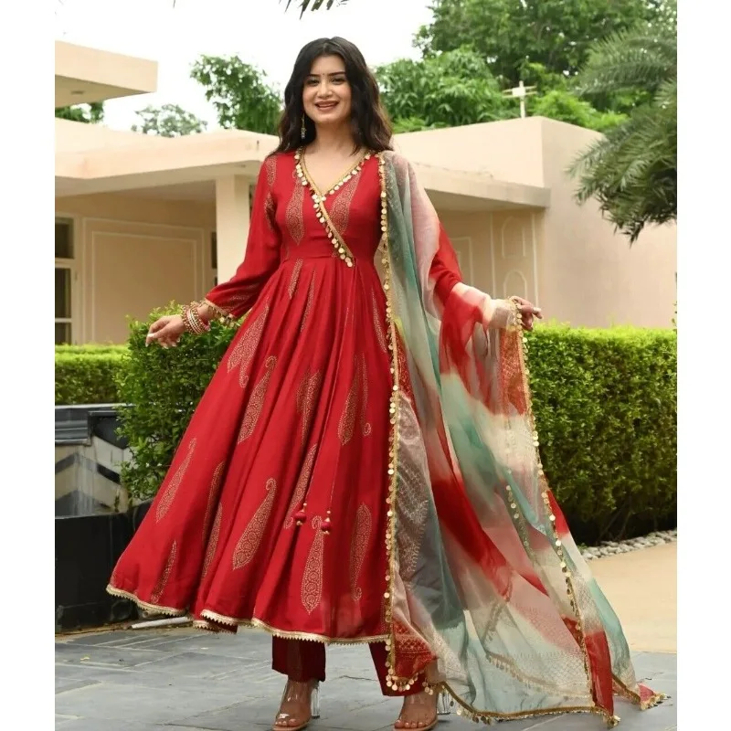 

Red V-neck Anarkali Gown Kurti Pants Dupatta Indian Diwali Dress for Women