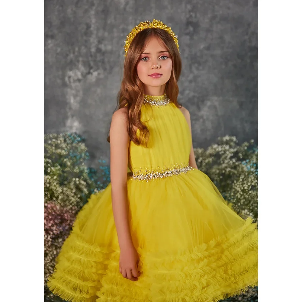 

Gorgeous Party Girls Dresses with Crystal Luxury Halter Pleat Knee-Length Ball Gowns Elegant Pageant Wedding Prom Kids Dresses