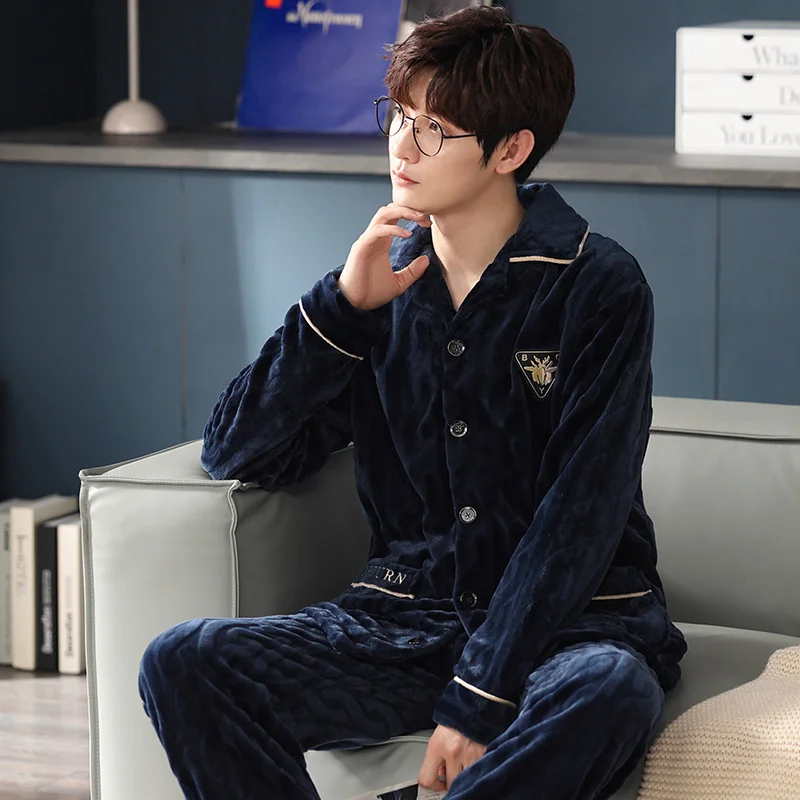 Men's Pajamas Autumn And Winter Flannel Long Sleeved Trousers  Casual Simple Cardigan Coral Velvet Home Suit