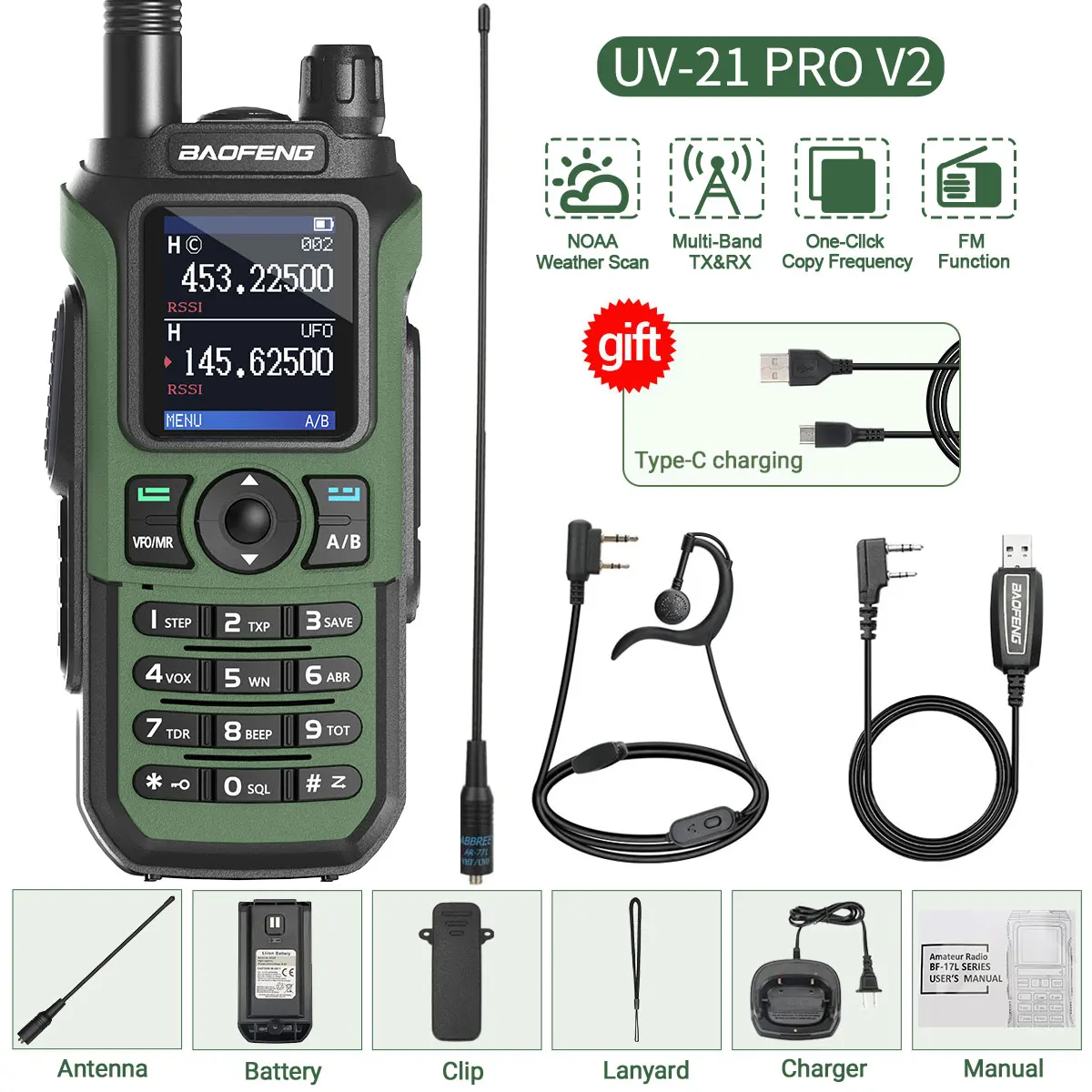 New UV-21 PRO V2 Walkie Talkie Wireless Copy Frequency Professional Air Band Long Range 16 km High Power Two Way Ham Radio 6