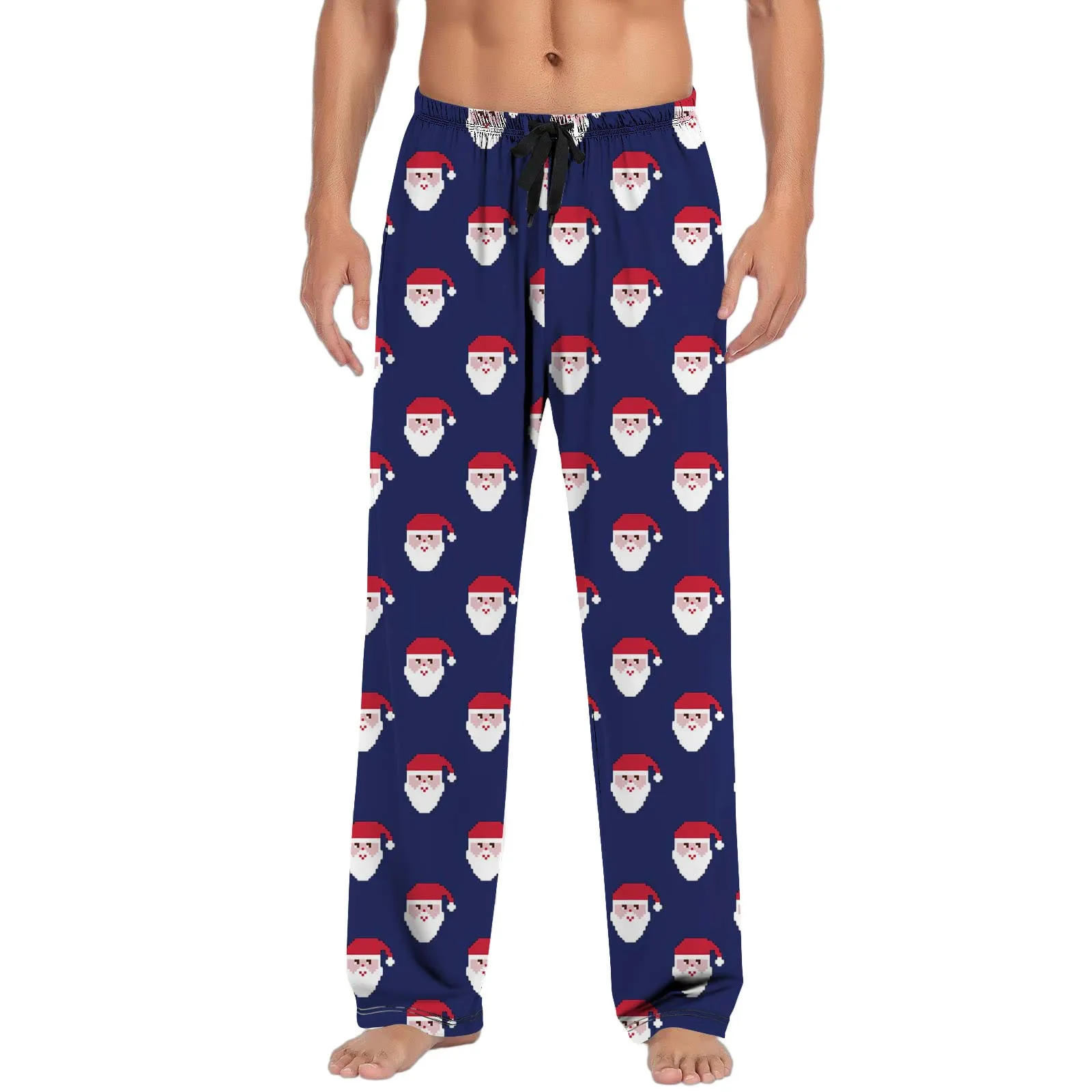 mens winter warm fleece sleep drawstring pants flannel pajama plush lounge pants coral bottoms trousers homewear Mens Christmas Pants Pajama Santa Claus Printed Drawstring Waist Sleepwear Straight Baggy Trousers Homewear Floor-Length Bottoms