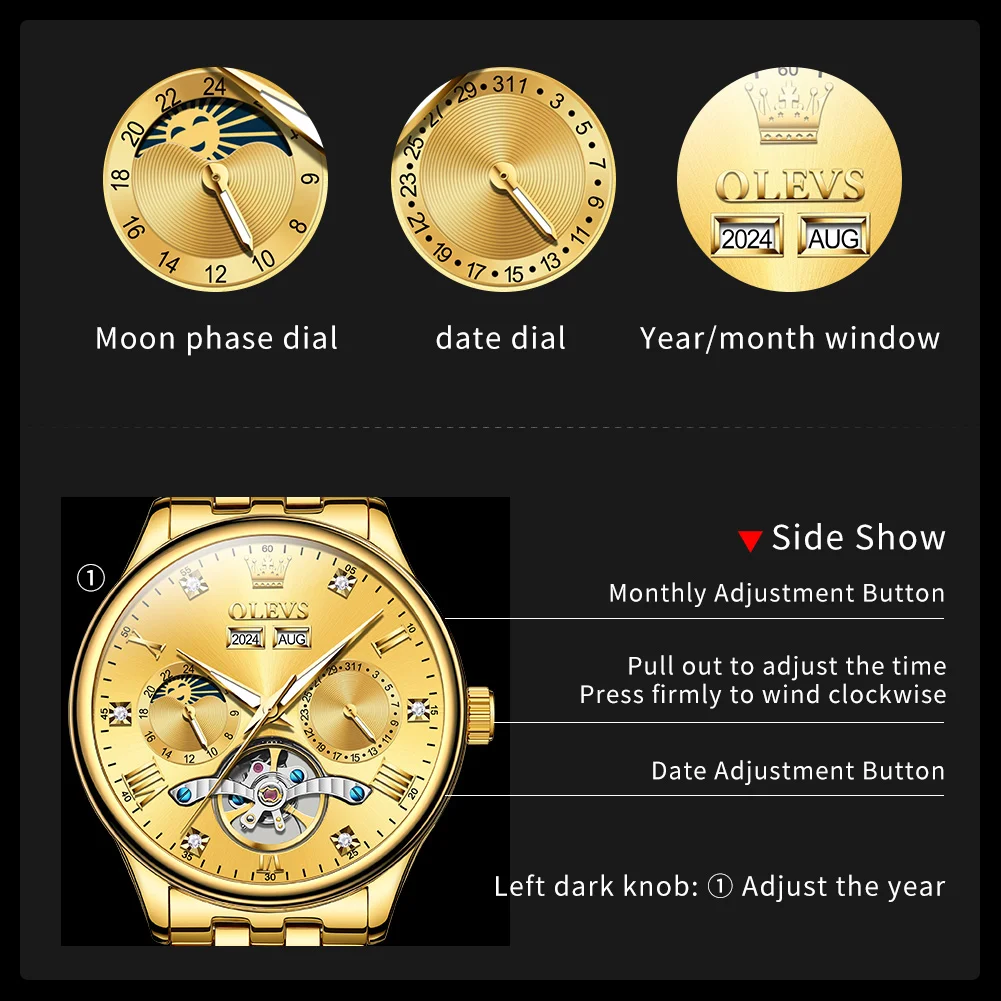 OLEVS Multifunctional Men's Watches Waterproof Fully Automatic Mechanical Watch for Man Moon Phase Original Brand Wristwatch