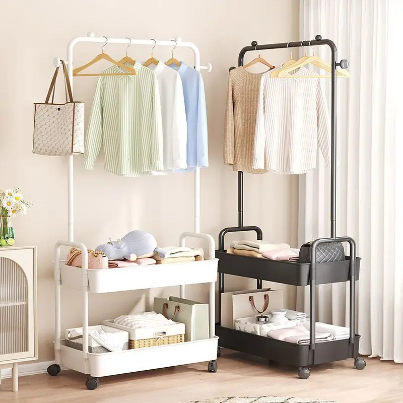Clothes Rack Simple Ground Mounted Wheeled Mobile Hanger Multi Functional Living Room Bedroom Storage