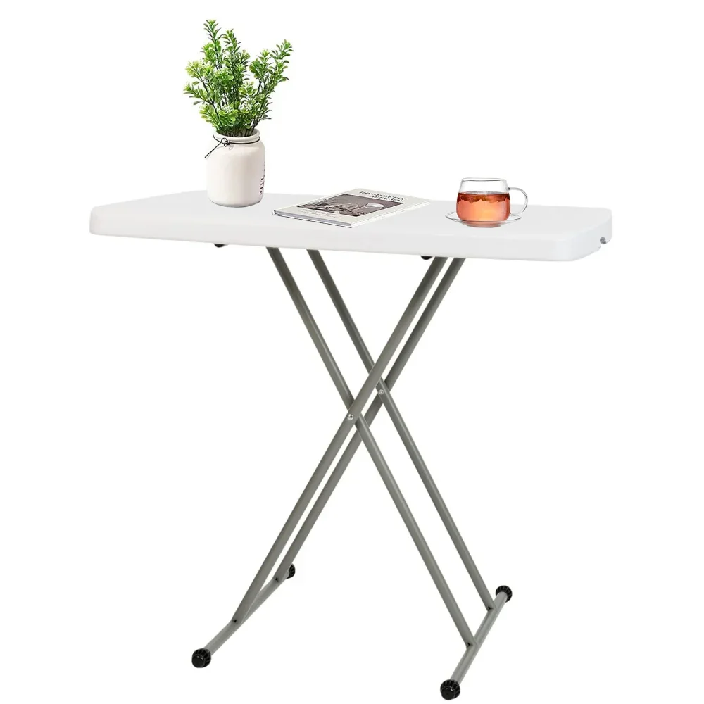 

30 Inch Adjustable Folding Table TV Tray and Lightweight Dinner Table with X Legs and Hard Plastic Top, 19"-28", White