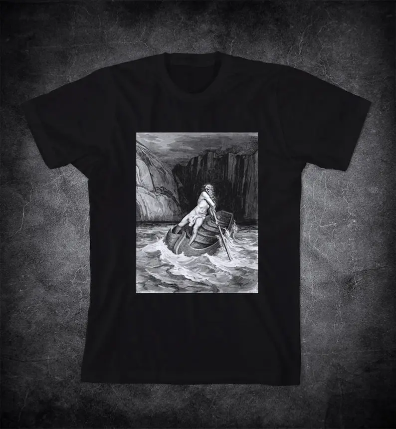 

GUSTAVE DORE t-shirt - The Arrival of Charon, Gustave Dore illustration, Engraving, Dante's Inferno t-shirt, Hell, River Acheron