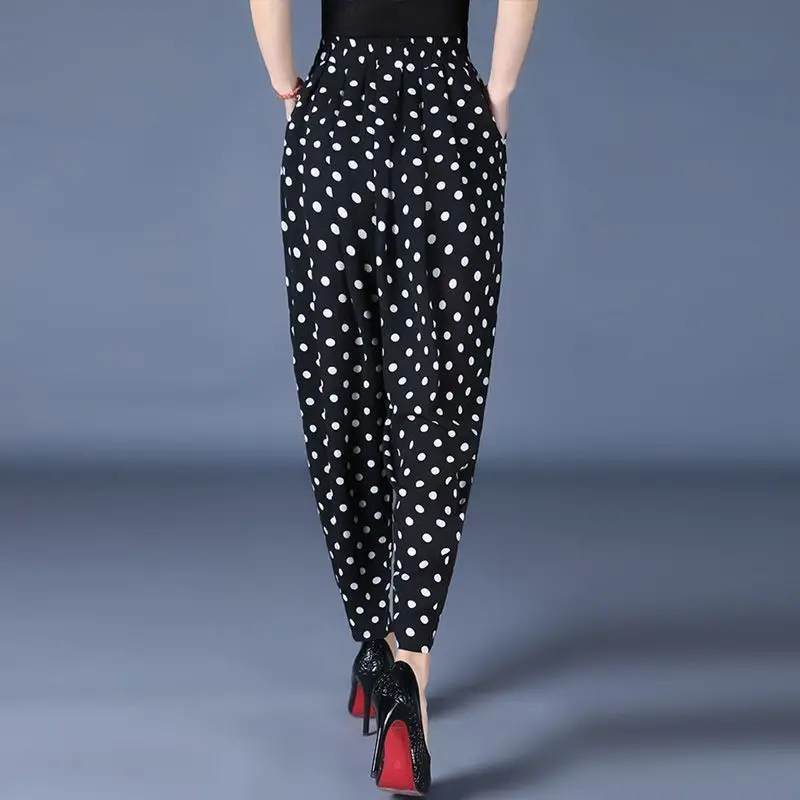 summer women Chiffon elegant Thin style Harlan pants Appear thin Elastic waist Polka dot Loose Comfortable Large size trousers