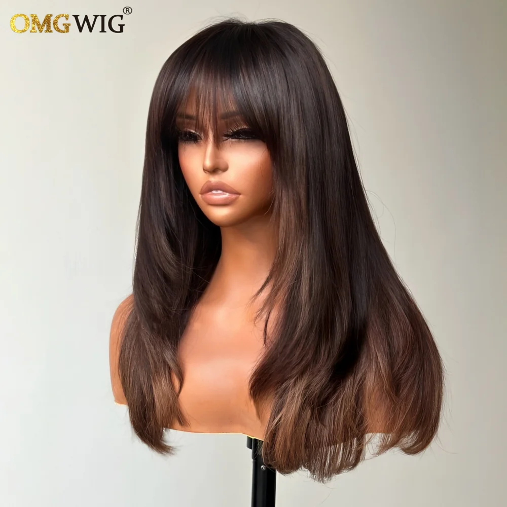 5x7/4x4 Glueless Lace Brown Highlight Color Straight Wig With Bangs 360 Lace Wear To Go Layered Cut Wig With Invisible Straps