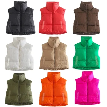 Women Waistcoat Fall Winter Warm Cropped Coats Stand Collar Sleeveless Lightweight Vest Jackets Fashion Outerwear
