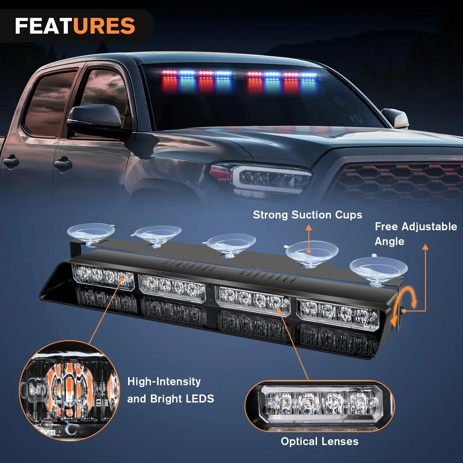 2 in 1 32 LED Car Strobe Lights For Emergency Flash Warning Lamp Windshield Bar Police 26 Modes Amber White Auto Assembly 12/24V