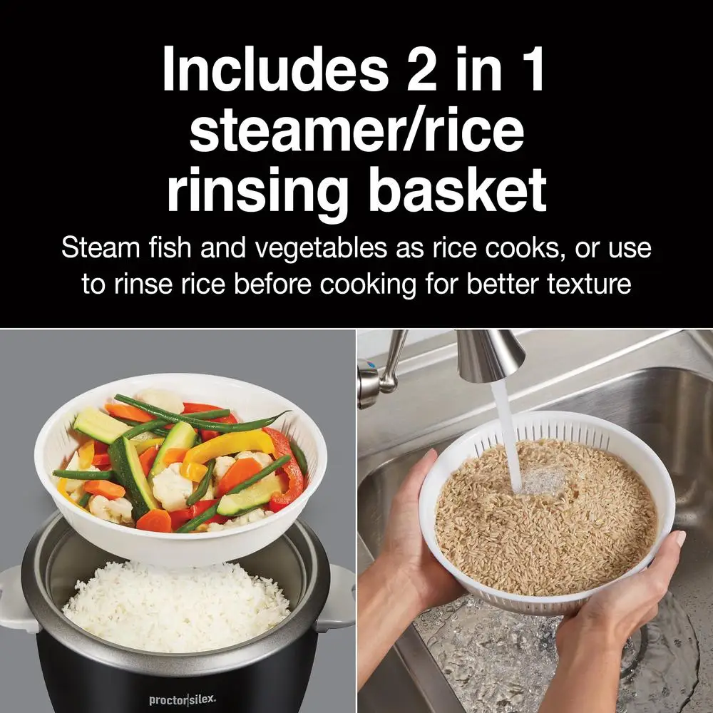 16 Cup Rice Cooker & Steamer Black Silver Family Size Healthy Cooking 37527 One-Button Operation Steamer Basket Includes 5