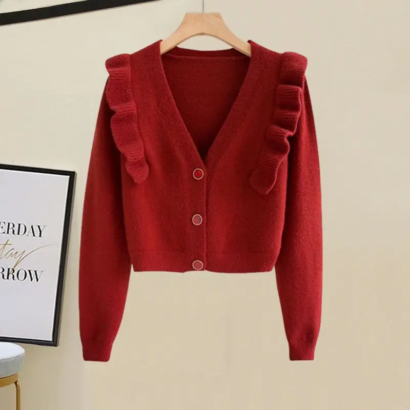 Set Skirt 2023 Autumn/Winter Korean Version New Ruffled Sweater Temperament Mid Length Fashion Half Skirt Two Piece Set