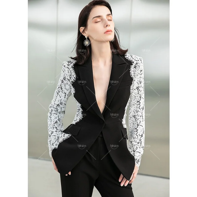 

Женский свадебный блейзер с кружевным рукавом, черный приталенный кружевной пиджак на одной пуговице с рукавом-панелью, официальный Блейзер, новинка 2024