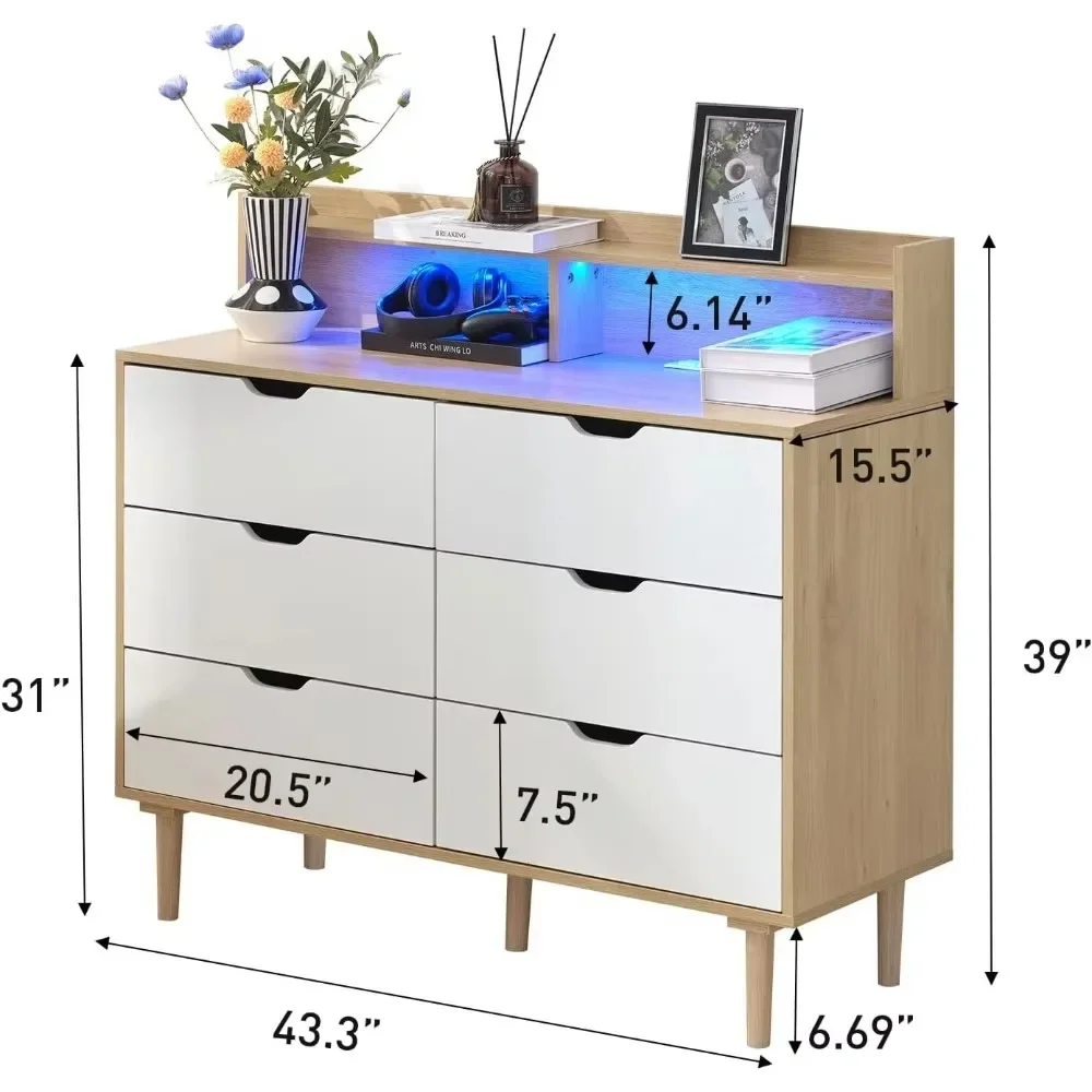 6 Drawer Dresser with Charging Station, Wooden Chest of Drawers with LED Light for Closet Hallway, Living Room, Entry 2