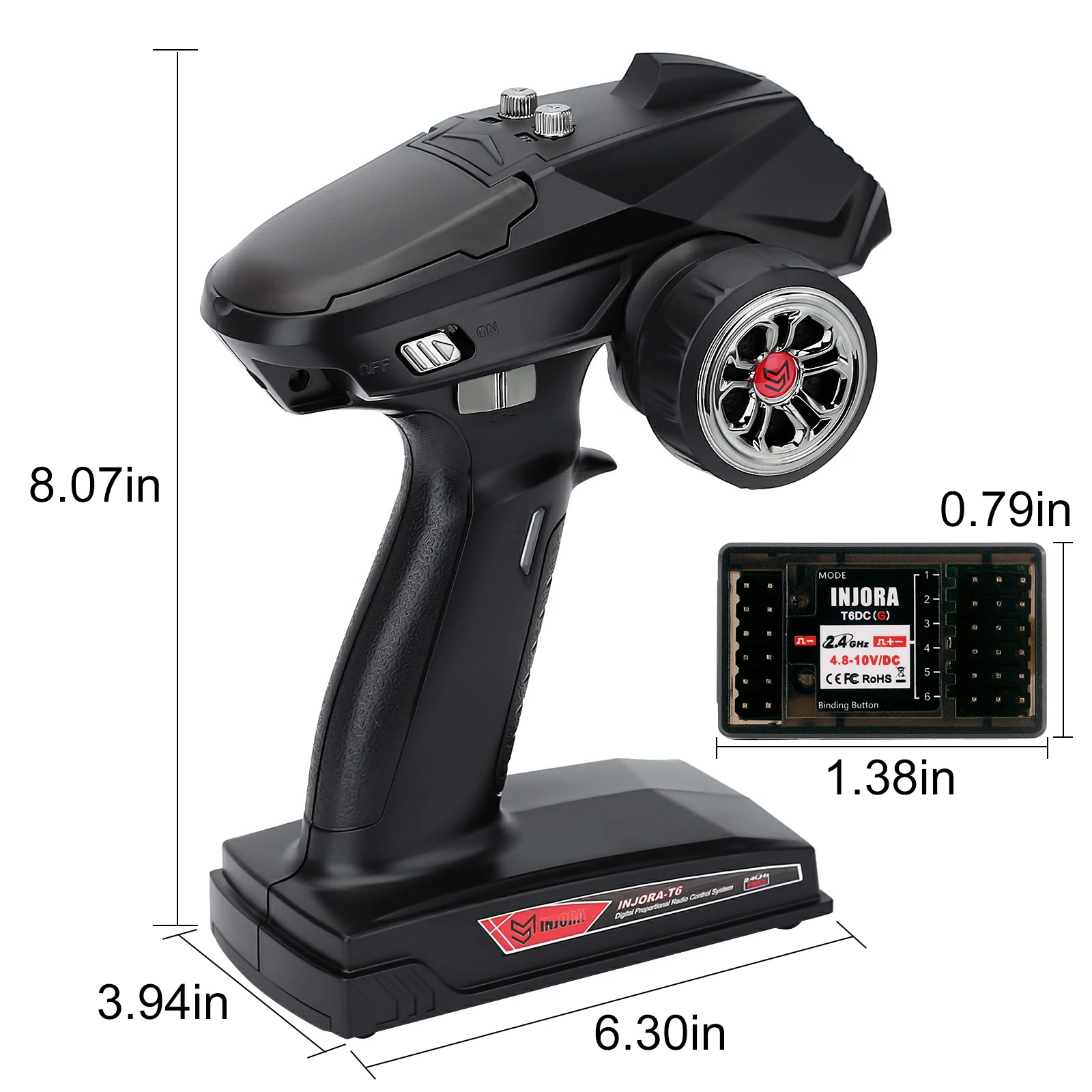 INJORA 2.4GHz Remote Control 6CH Digital Radio Transmitter with Gyro Receiver for 1/8 1/10 RC Car Boat Tank Crawler SCX10 2