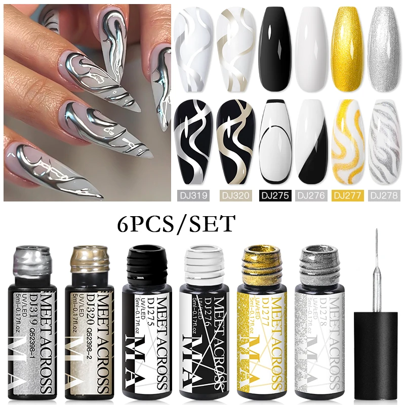 MEET ACROSS 6Pcs/Set Reflective Glitter Line Gel Nail Polish Metallic Mirror Nail Art Liner UV Gel DIY Painting Drawing Varnish 2